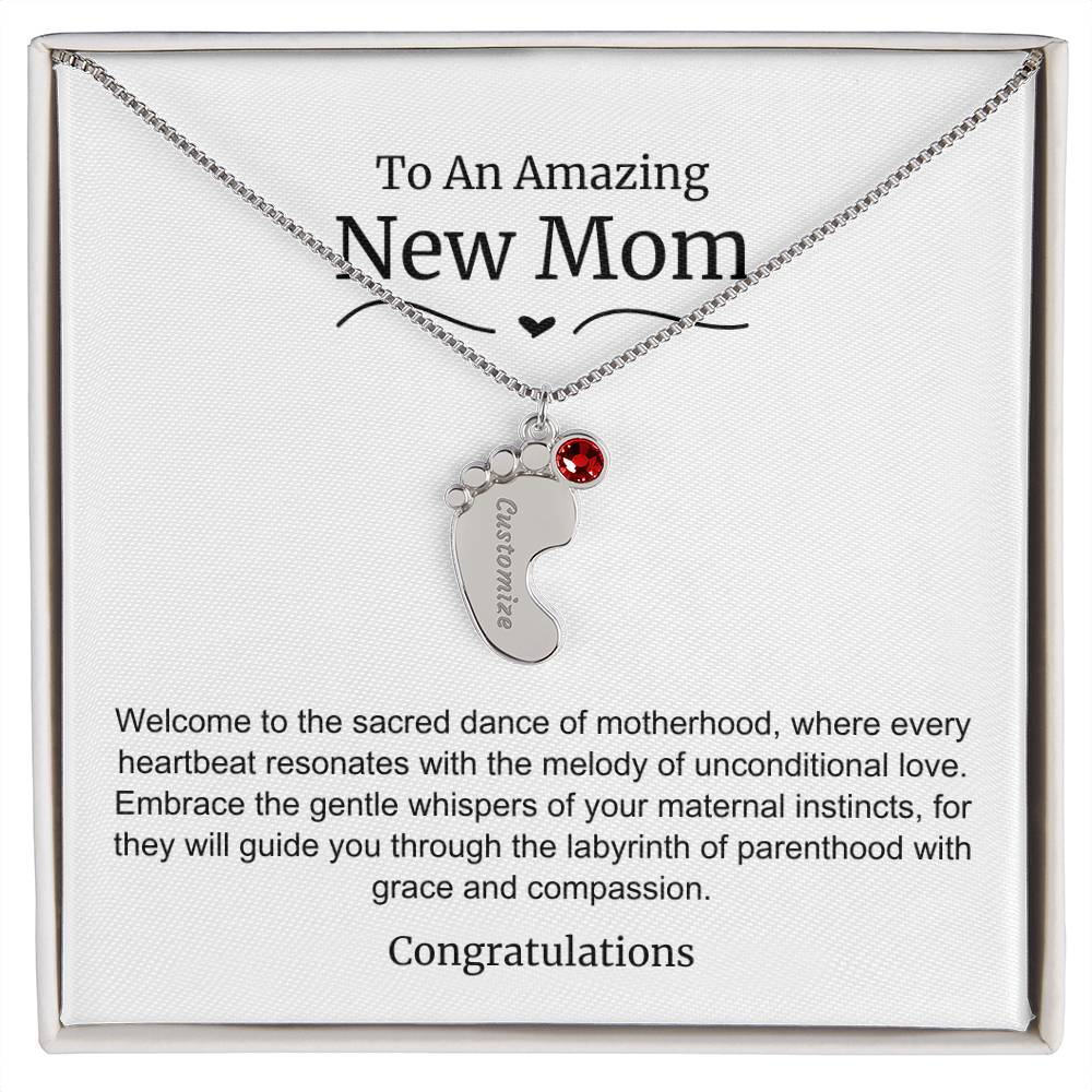 New Mom Baby Feet Birthstone Necklace