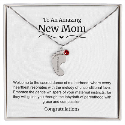 New Mom Baby Feet Birthstone Necklace