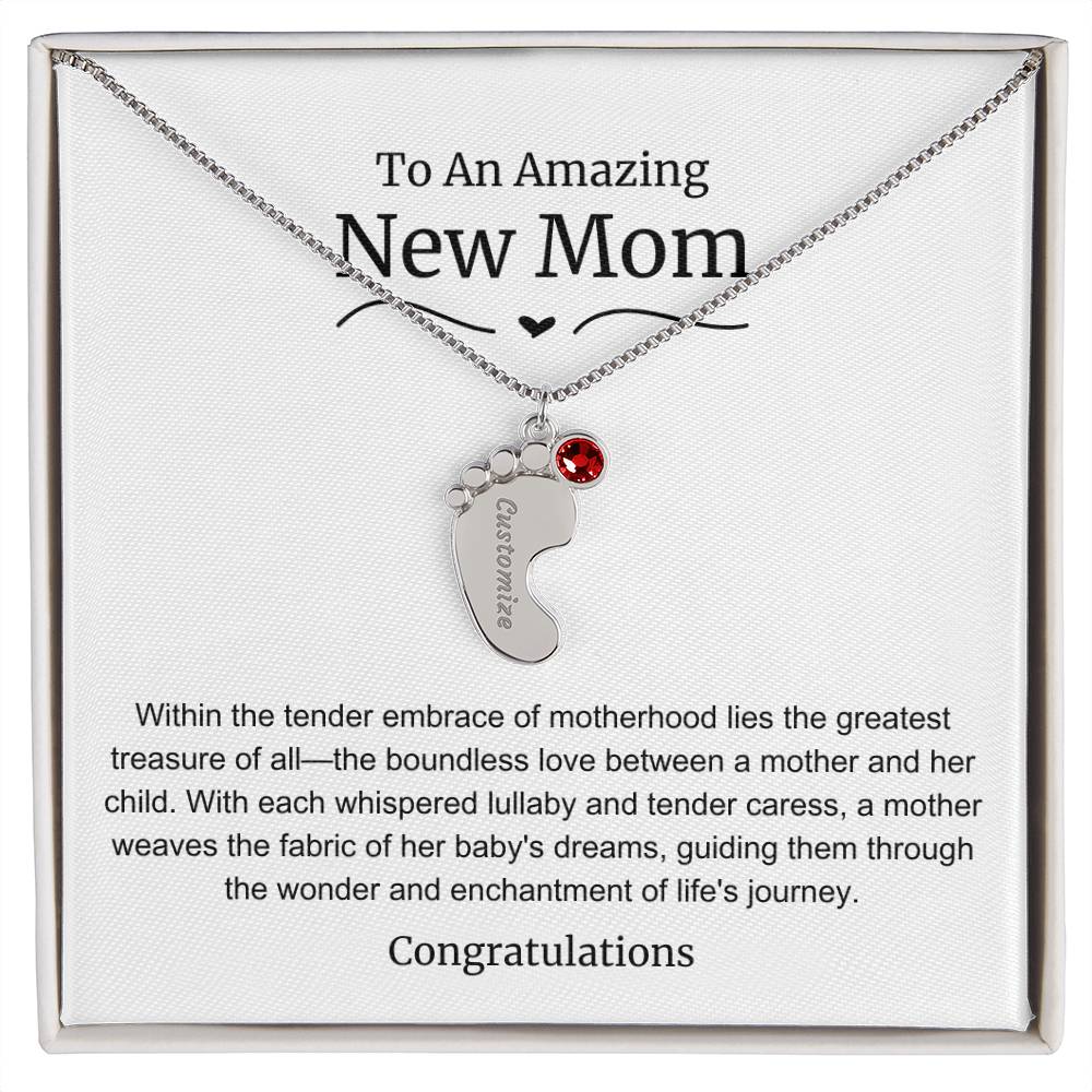 New Mom Baby Feet Birthstone Necklace