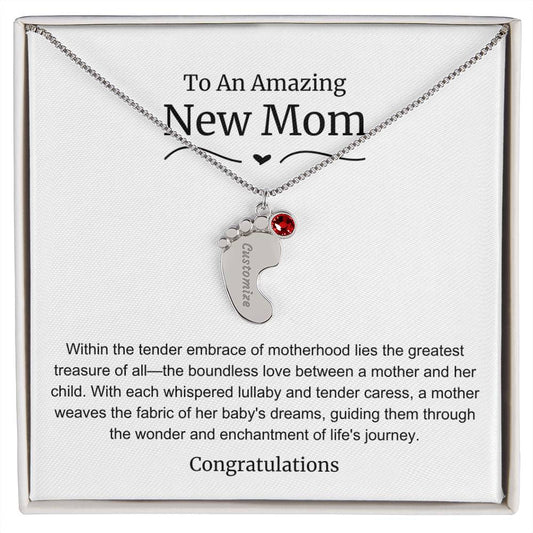 New Mom Baby Feet Birthstone Necklace