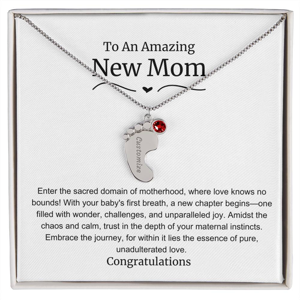 New Mom Baby Feet Birthstone Necklace