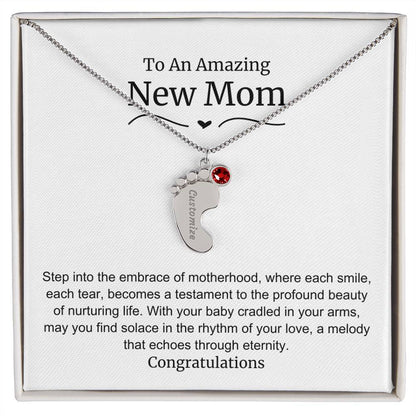 New Mom Baby Feet Birthstone Necklace