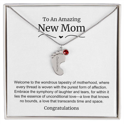 New Mom Baby Feet Birthstone Necklace