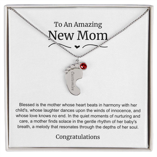 New Mom Baby Feet Birthstone Necklace