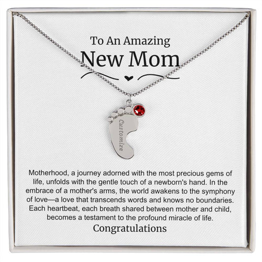 New Mom Baby Feet Birthstone Necklace