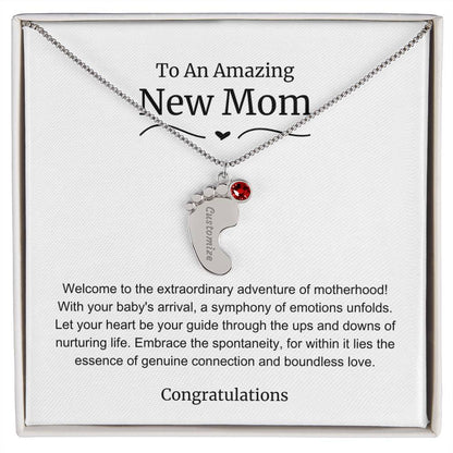 New Mom Baby Feet Birthstone Necklace