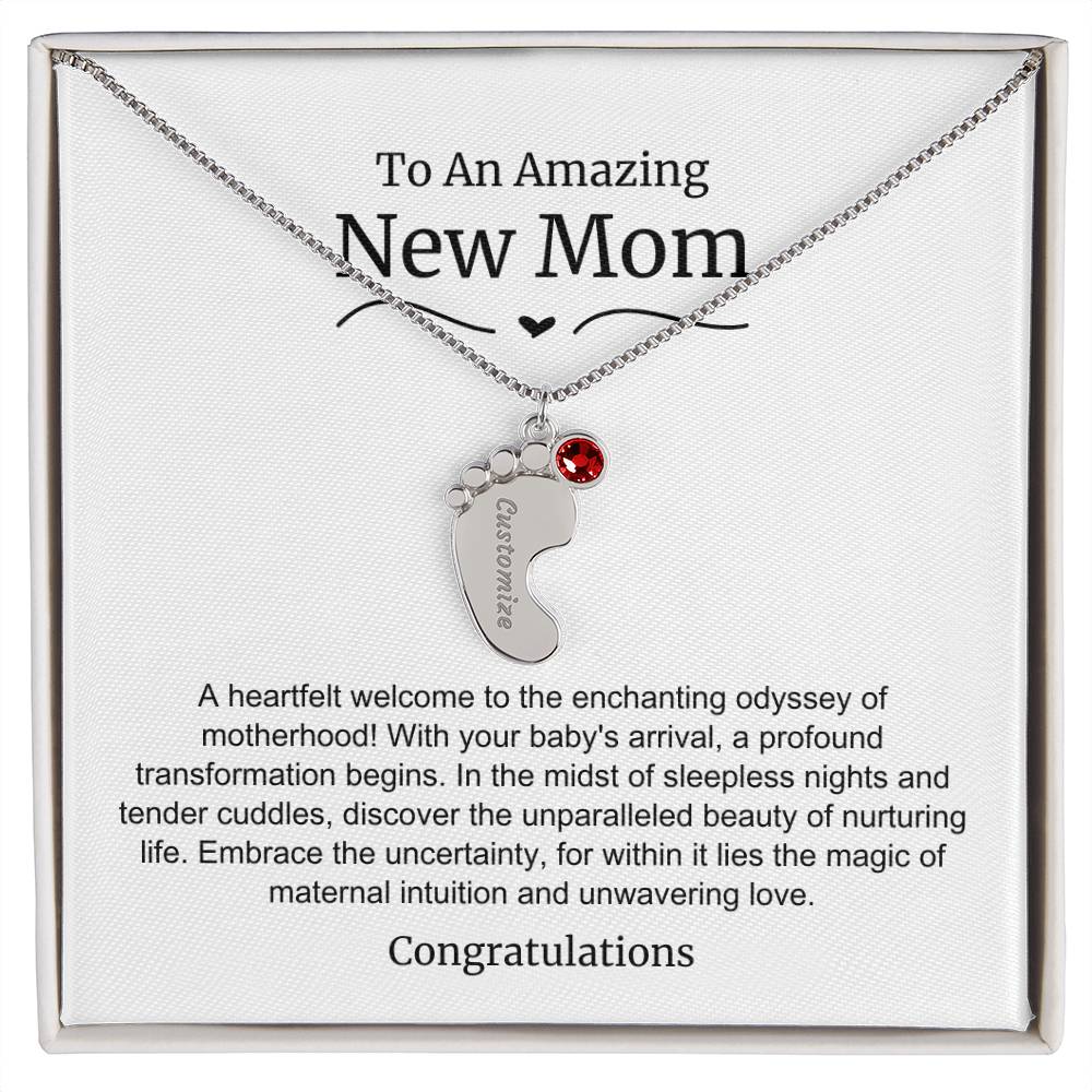 New Mom Baby Feet Birthstone Necklace