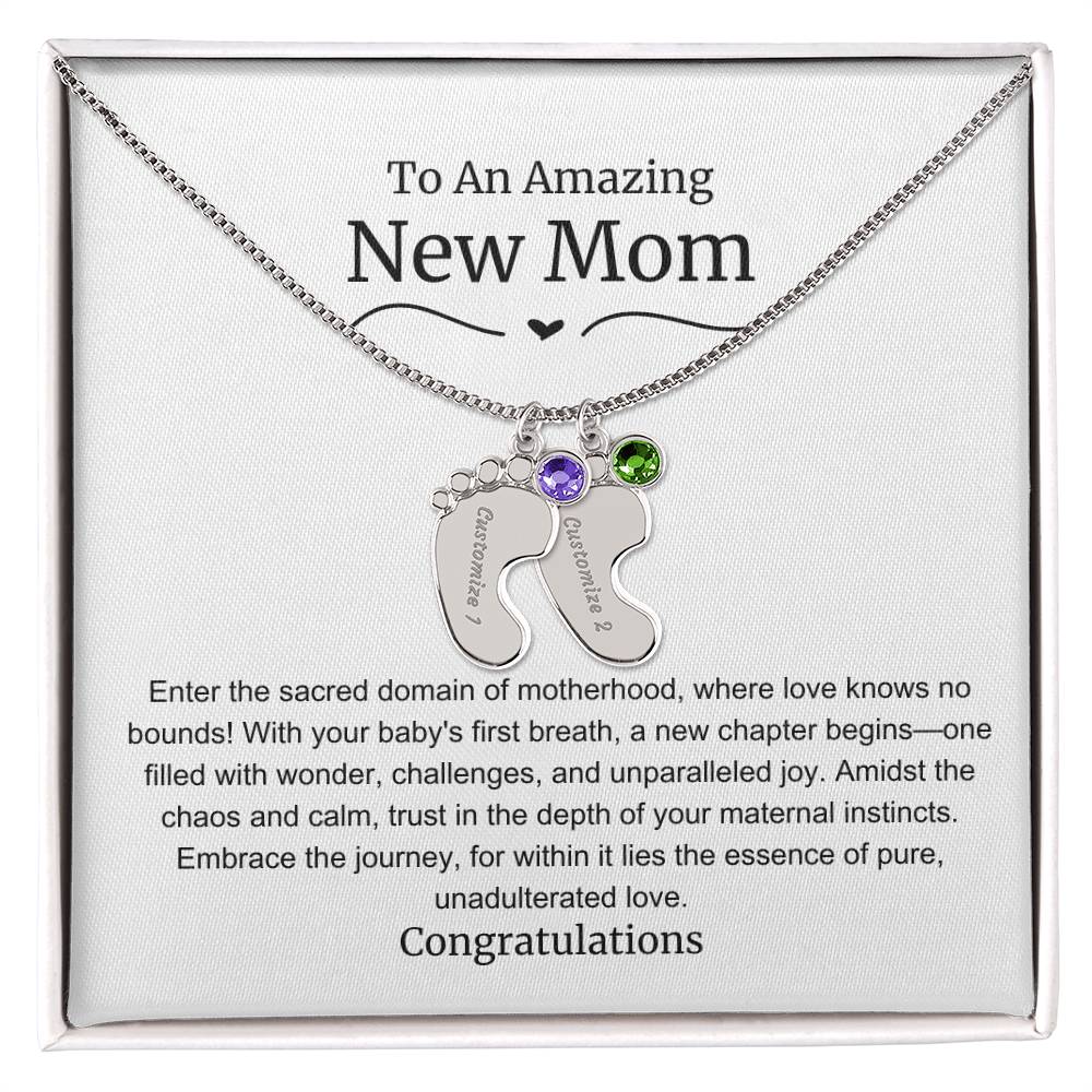 New Mom Baby Feet Birthstone Necklace