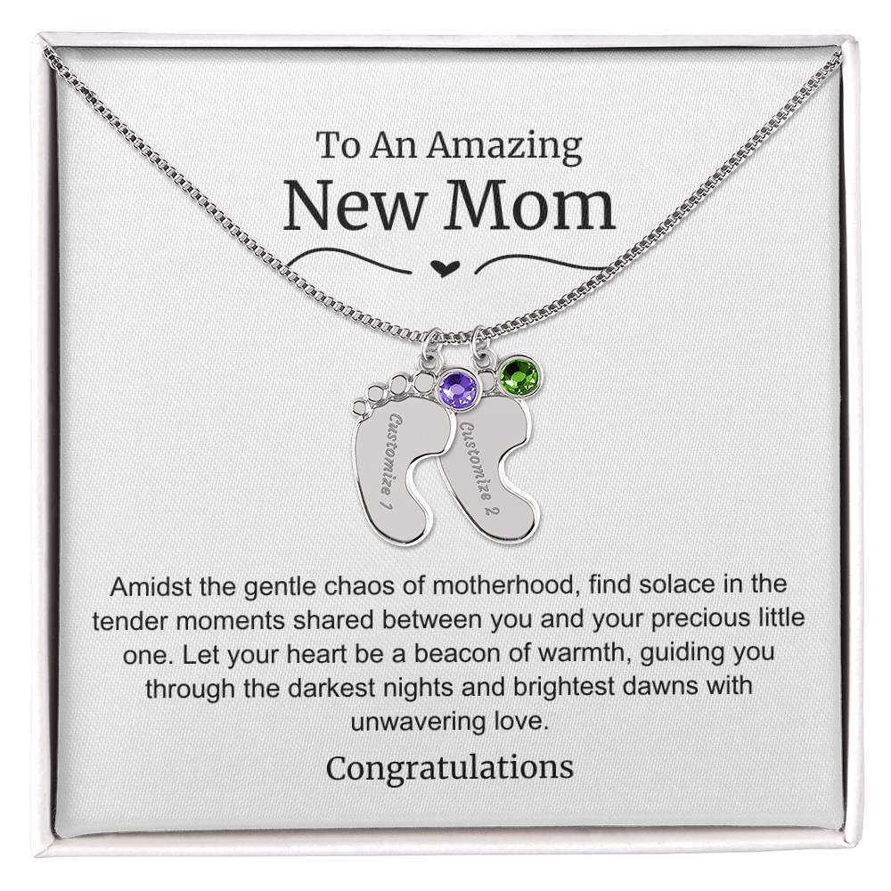 New Mom Baby Feet Birthstone Necklace