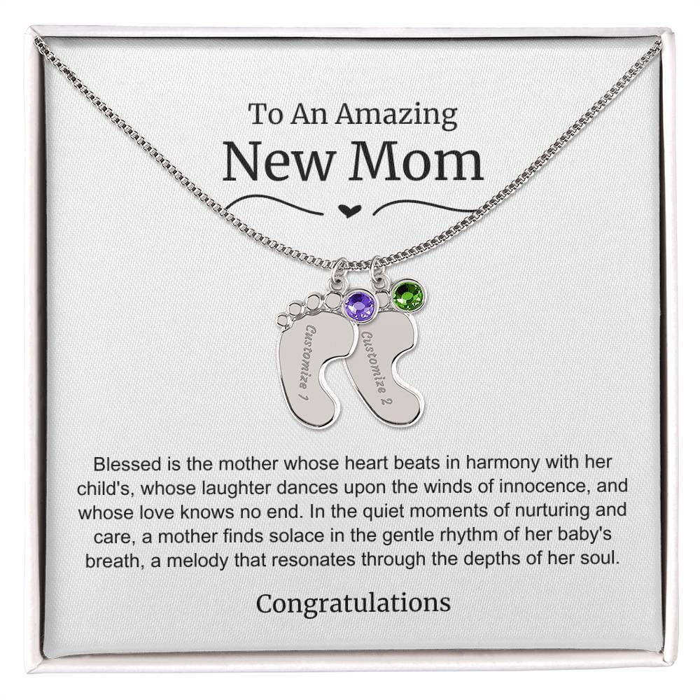 New Mom Baby Feet Birthstone Necklace