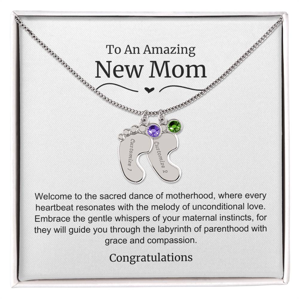 New Mom Baby Feet Birthstone Necklace