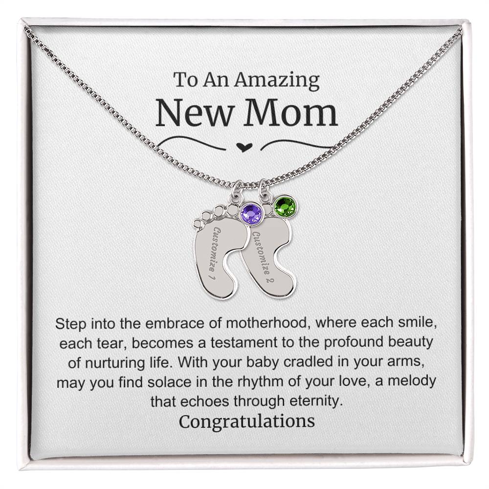 New Mom Baby Feet Birthstone Necklace