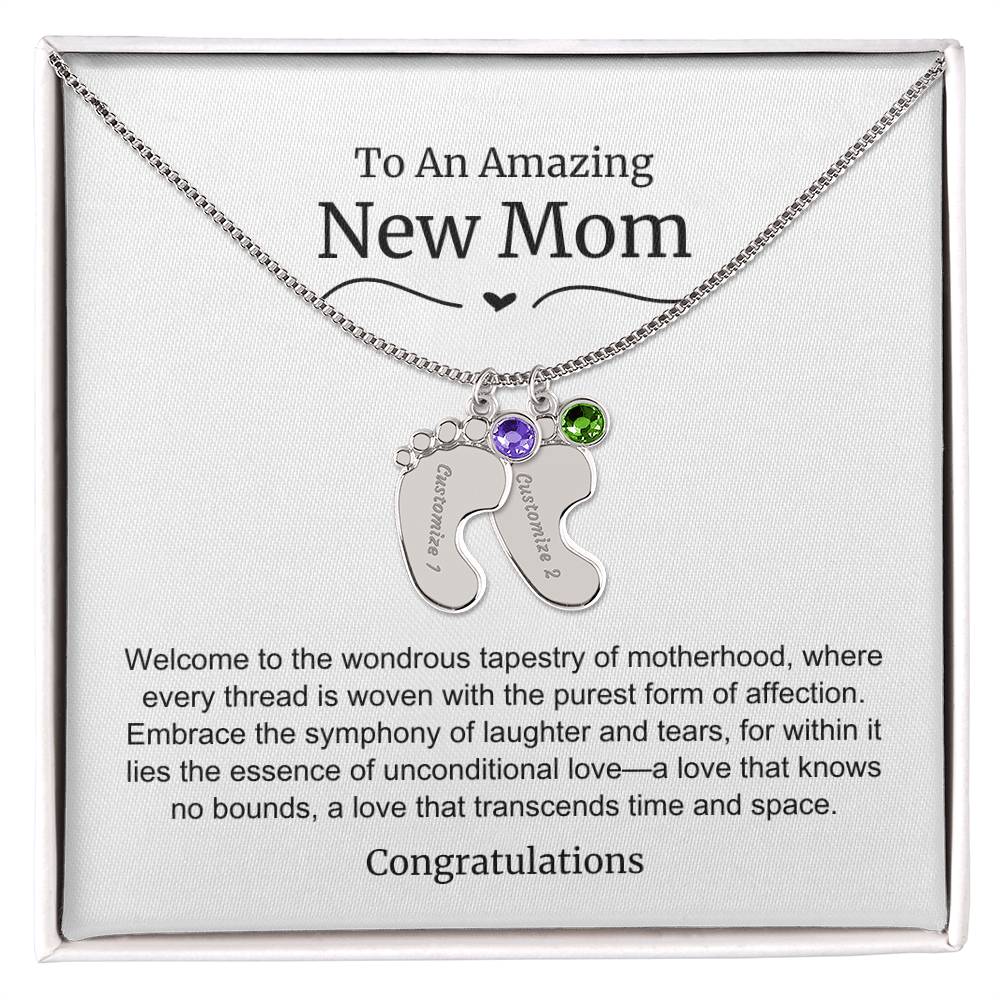 New Mom Baby Feet Birthstone Necklace