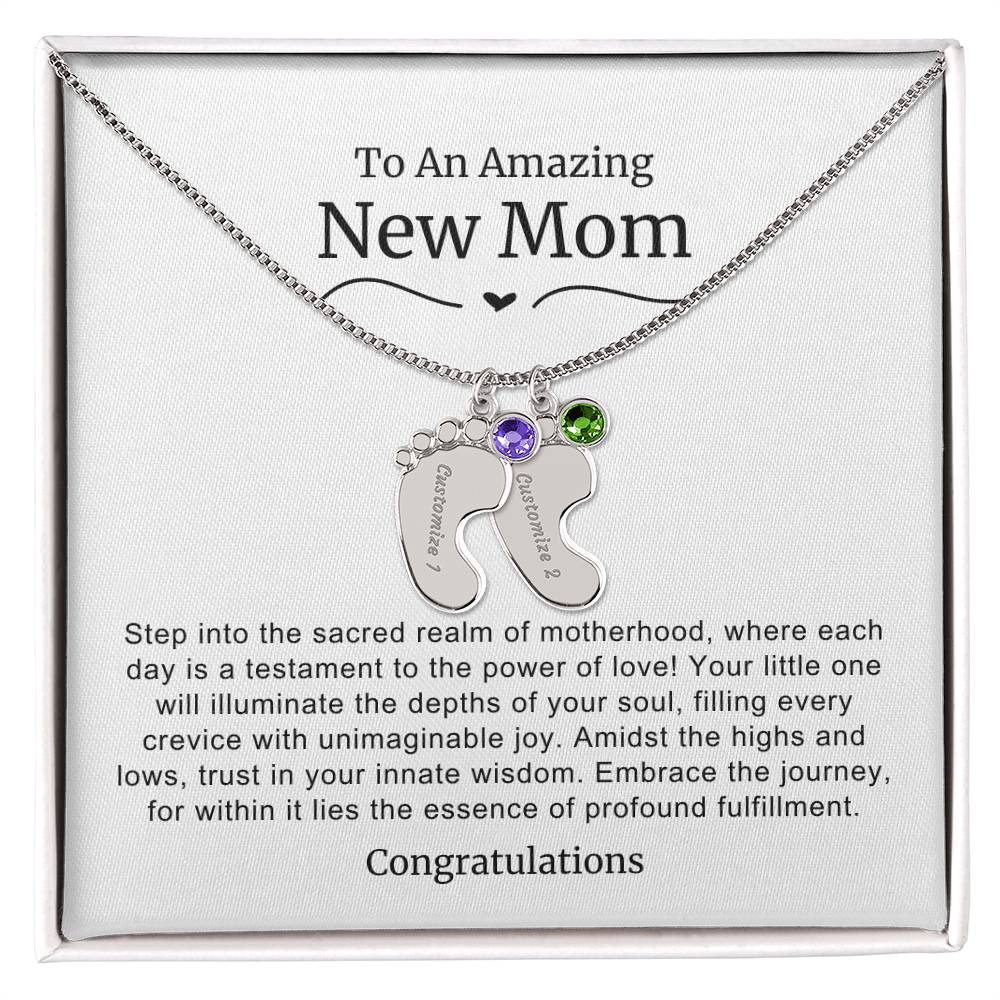 New Mom Baby Feet Birthstone Necklace