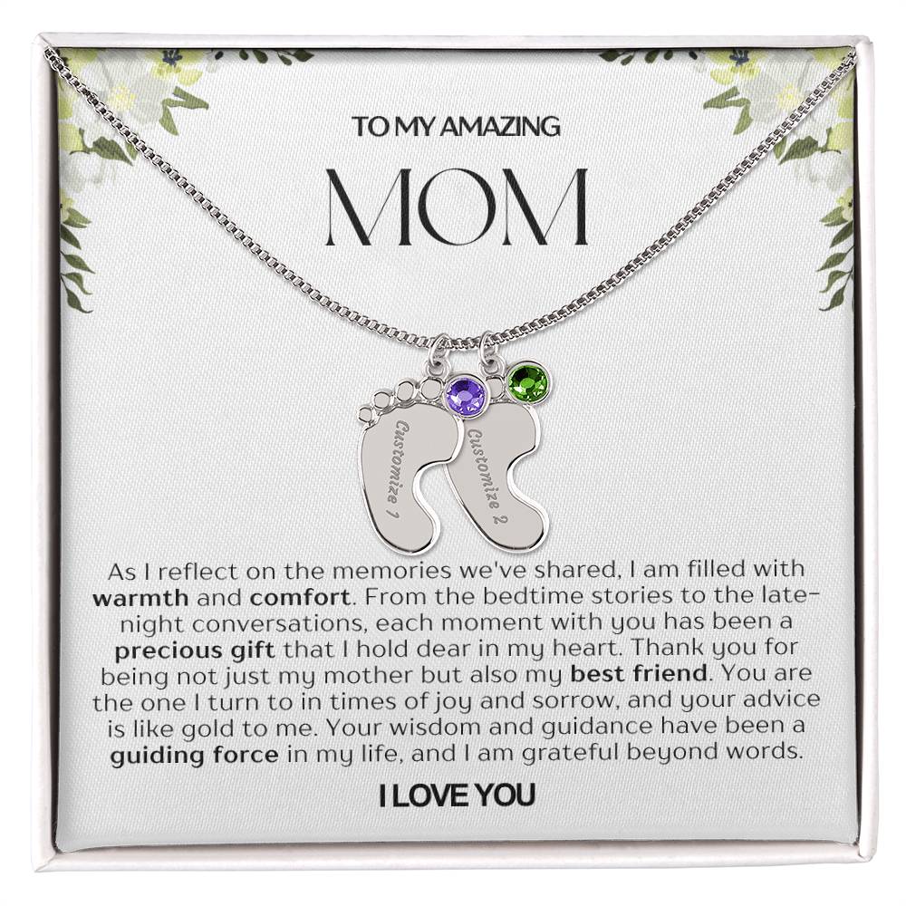 Personalized Engraved Mom Baby Feet Necklace With Birthstone