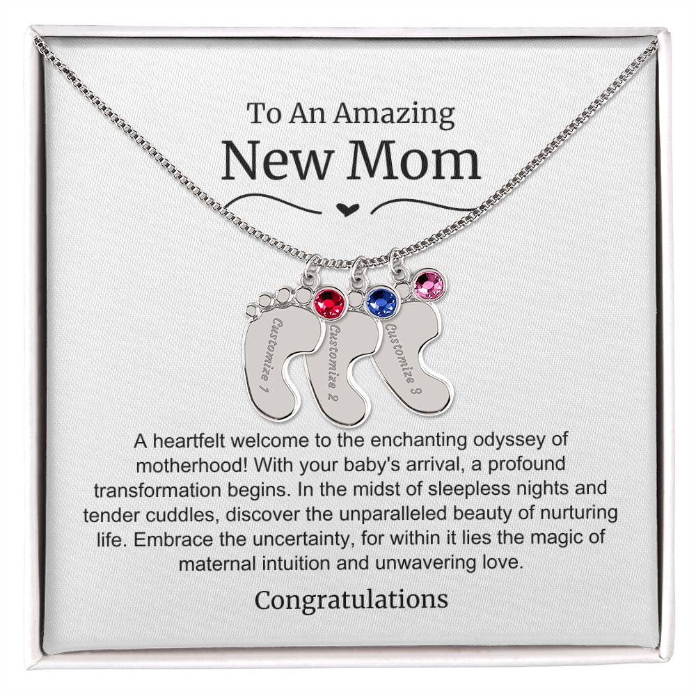 New Mom Baby Feet Birthstone Necklace