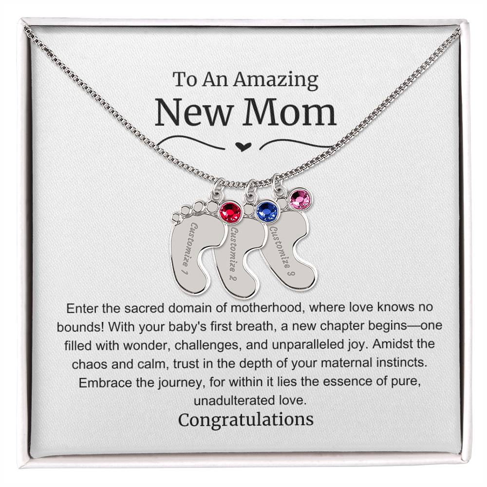 New Mom Baby Feet Birthstone Necklace