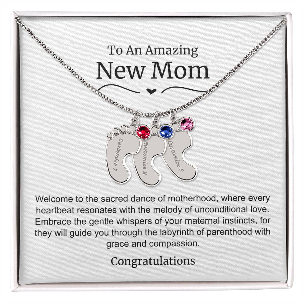 New Mom Baby Feet Birthstone Necklace