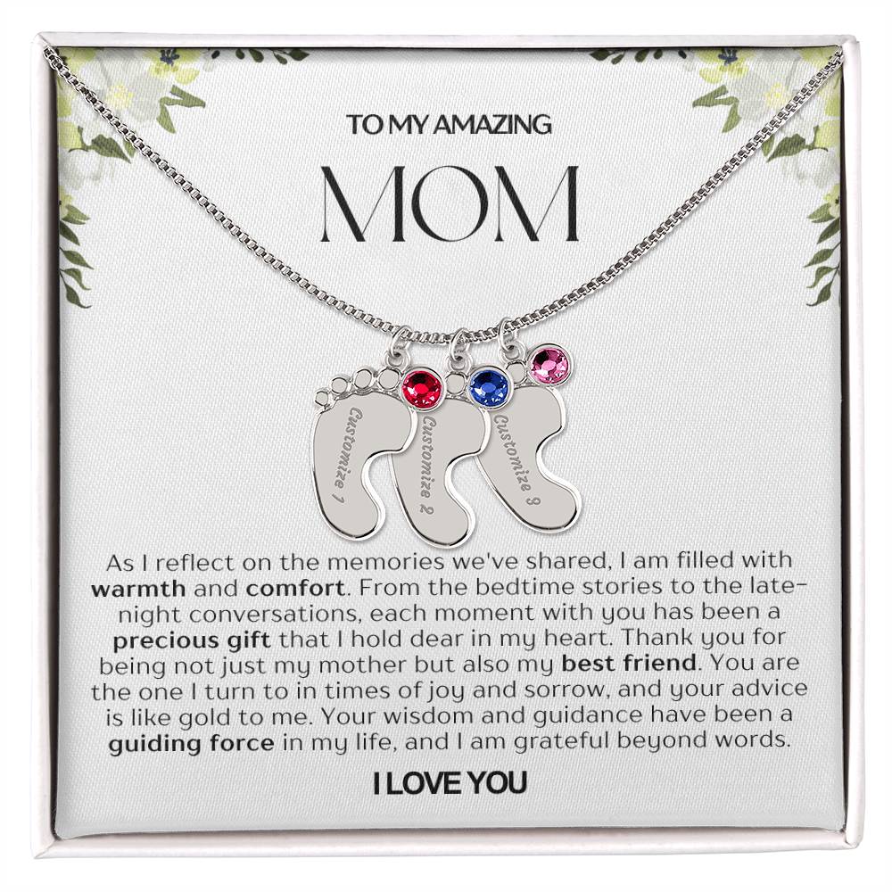 Personalized Engraved Mom Baby Feet Necklace With Birthstone