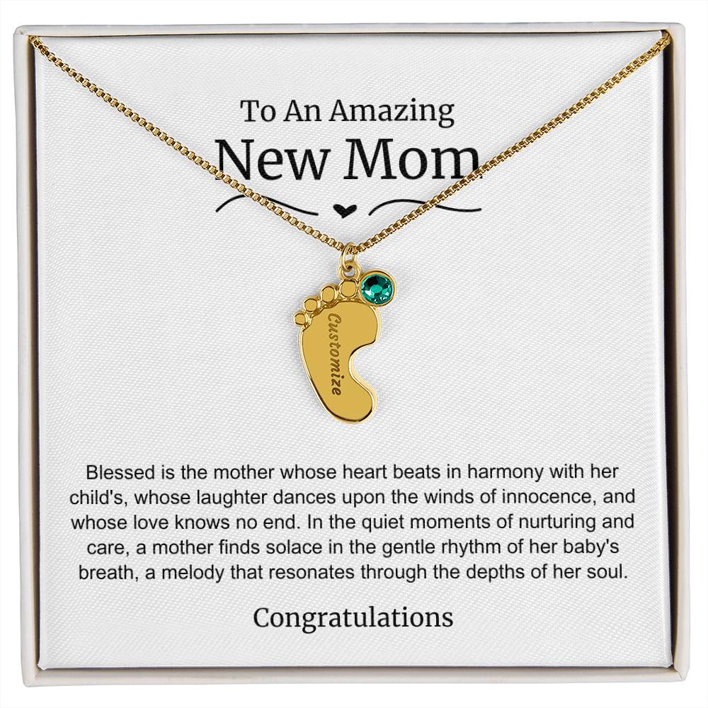 New Mom Baby Feet Birthstone Necklace