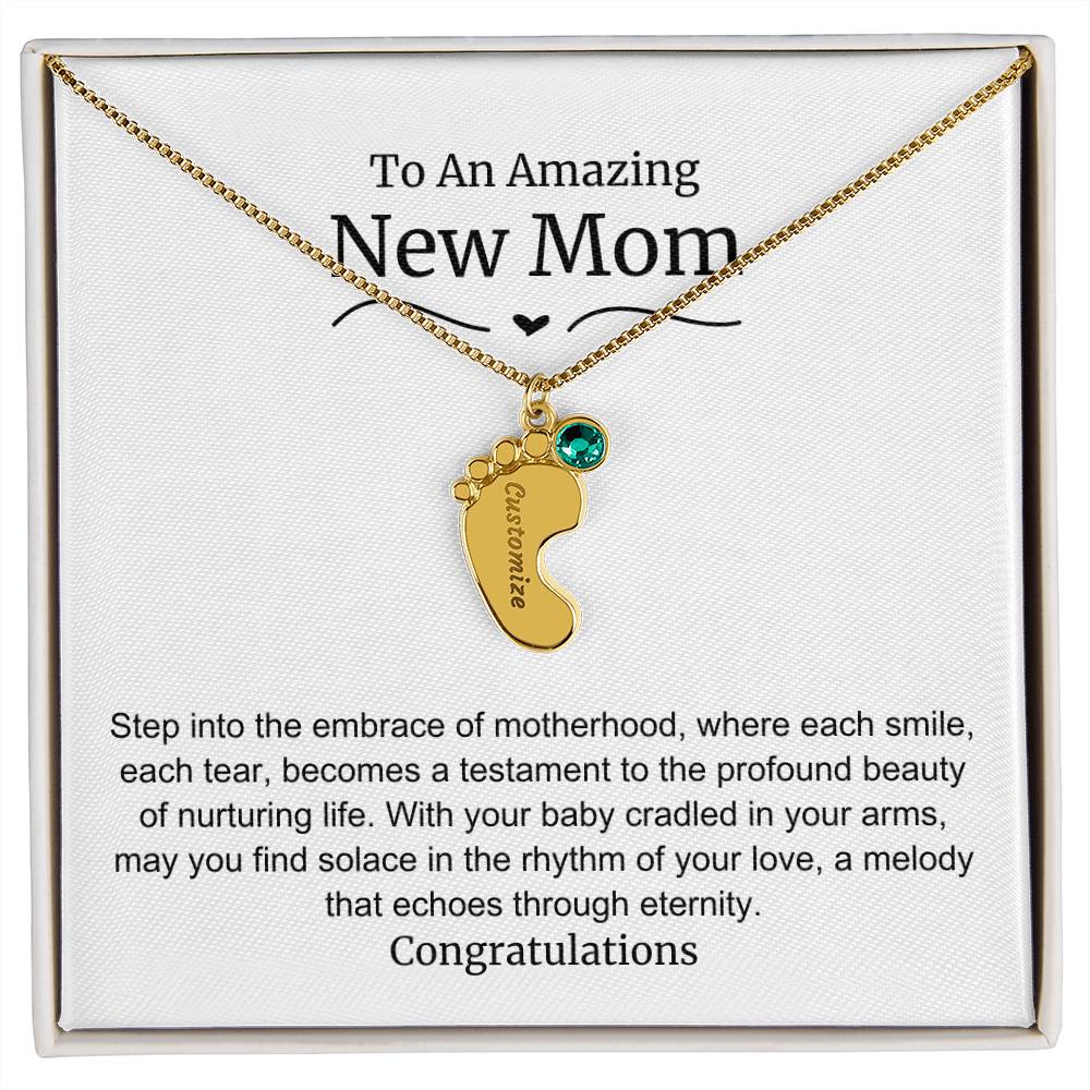 New Mom Baby Feet Birthstone Necklace