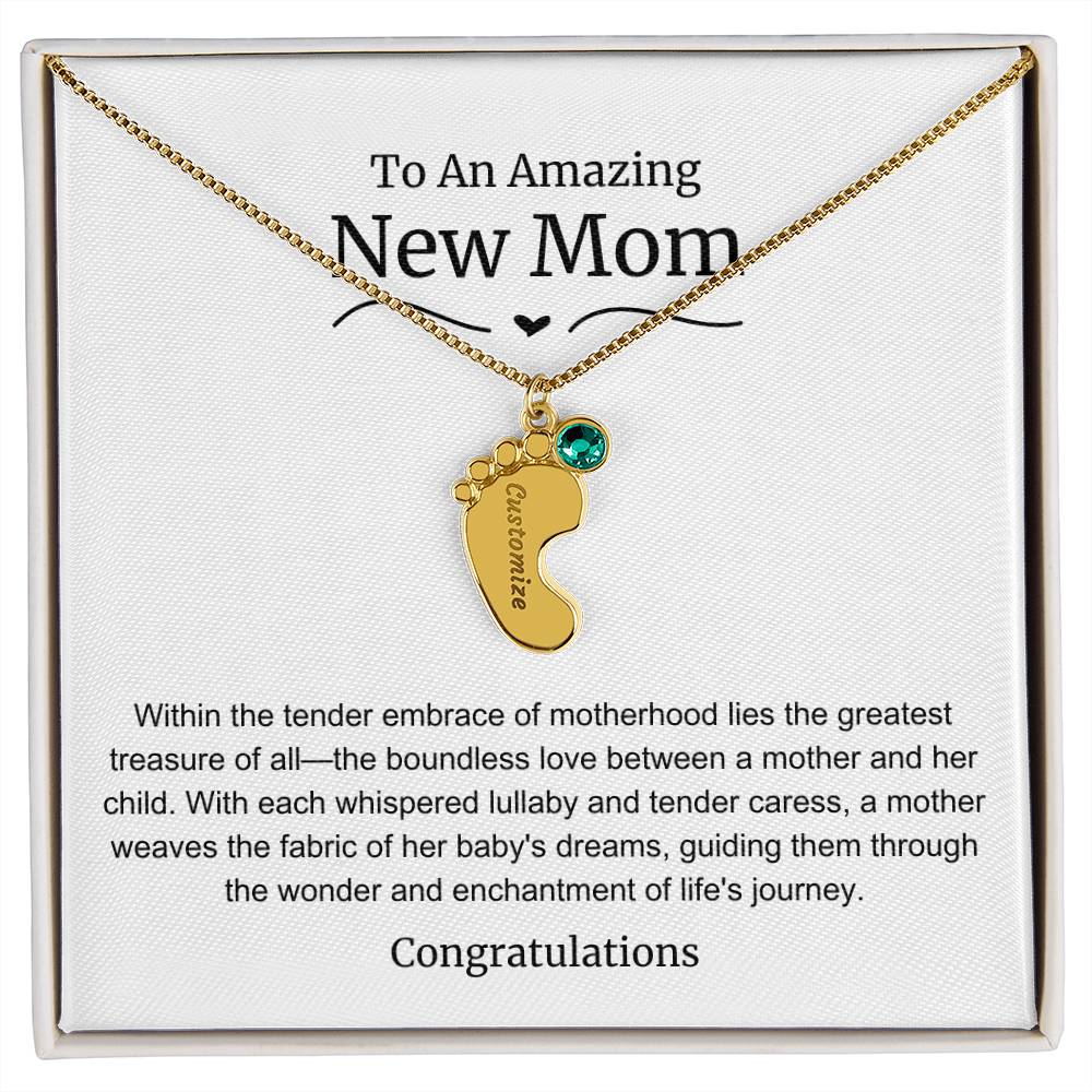 New Mom Baby Feet Birthstone Necklace