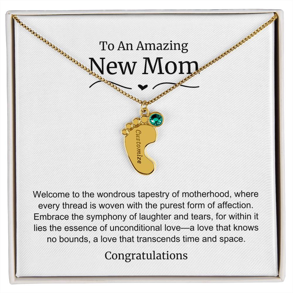 New Mom Baby Feet Birthstone Necklace