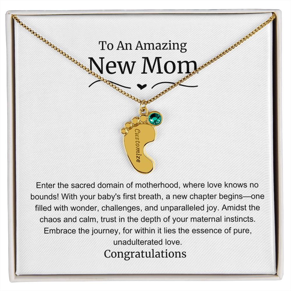 New Mom Baby Feet Birthstone Necklace