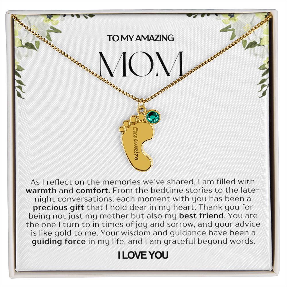 Personalized Engraved Mom Baby Feet Necklace With Birthstone