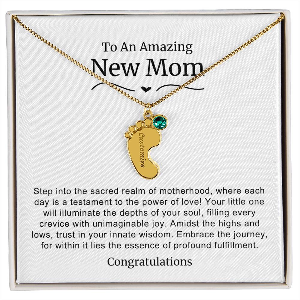 New Mom Baby Feet Birthstone Necklace