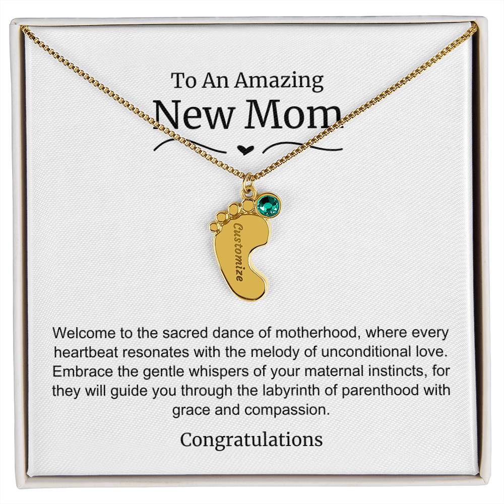 New Mom Baby Feet Birthstone Necklace