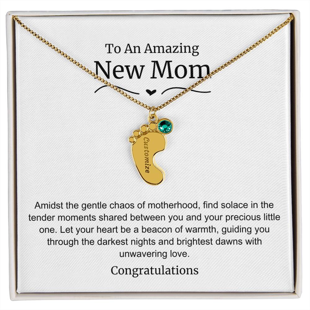 New Mom Baby Feet Birthstone Necklace