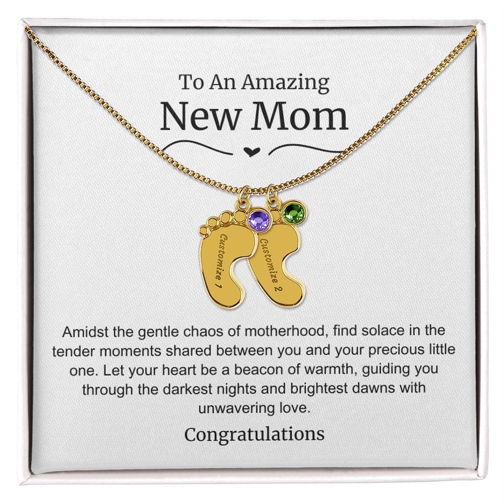 New Mom Baby Feet Birthstone Necklace