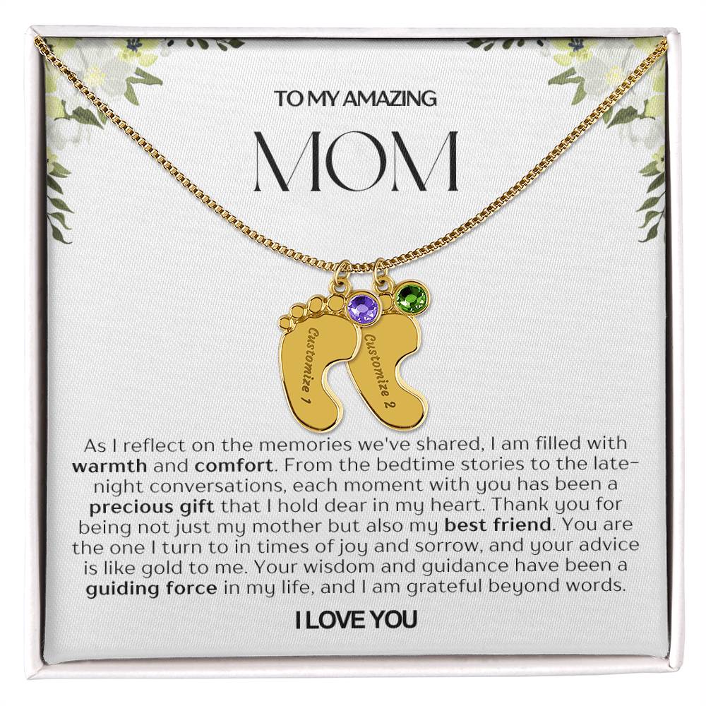 Personalized Engraved Mom Baby Feet Necklace With Birthstone