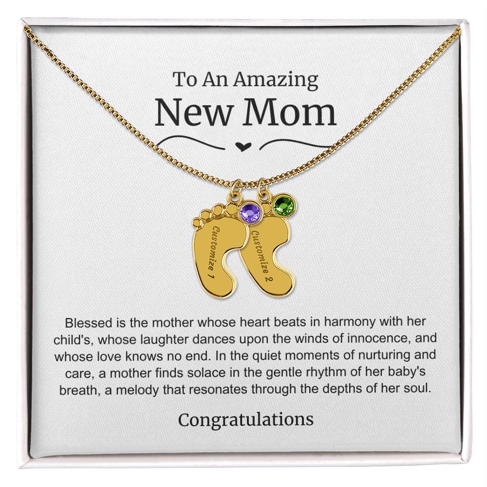 New Mom Baby Feet Birthstone Necklace