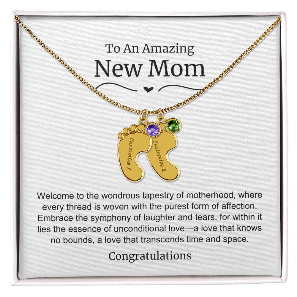 New Mom Baby Feet Birthstone Necklace