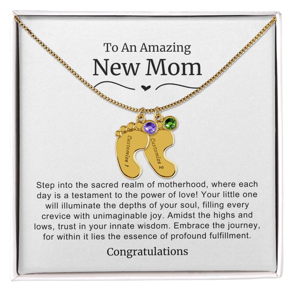 New Mom Baby Feet Birthstone Necklace