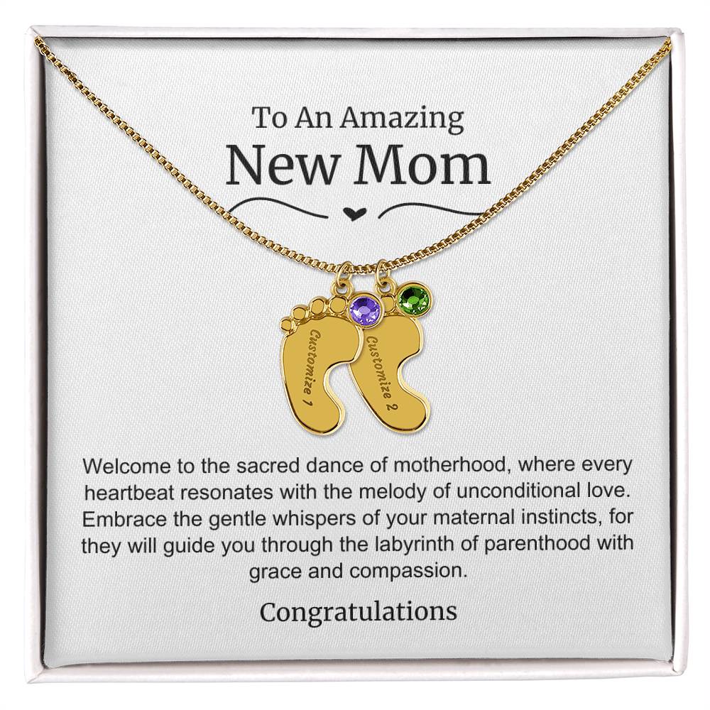 New Mom Baby Feet Birthstone Necklace