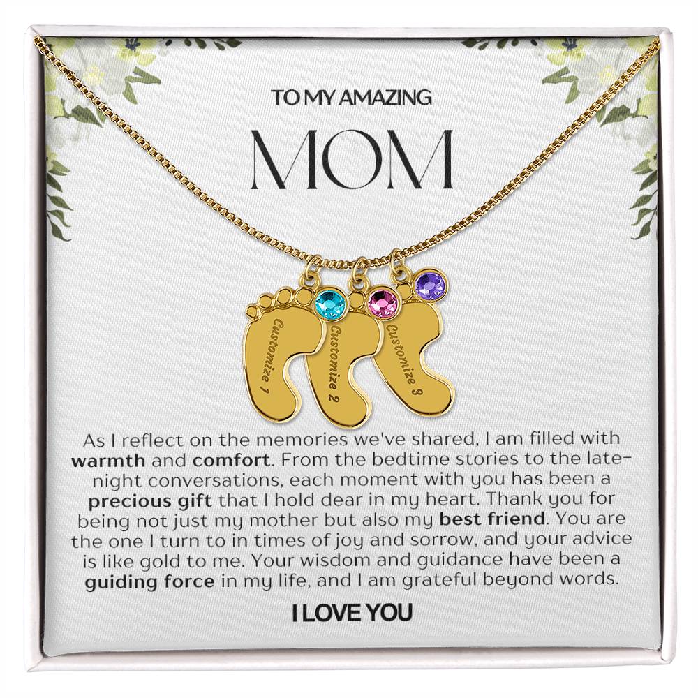 Personalized Engraved Mom Baby Feet Necklace With Birthstone