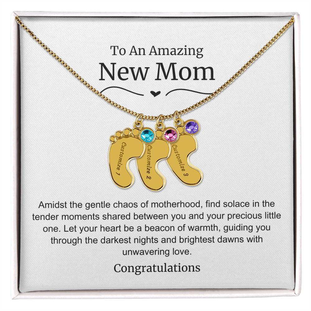 New Mom Baby Feet Birthstone Necklace