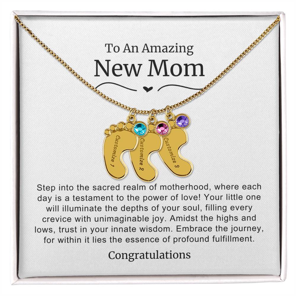 New Mom Baby Feet Birthstone Necklace