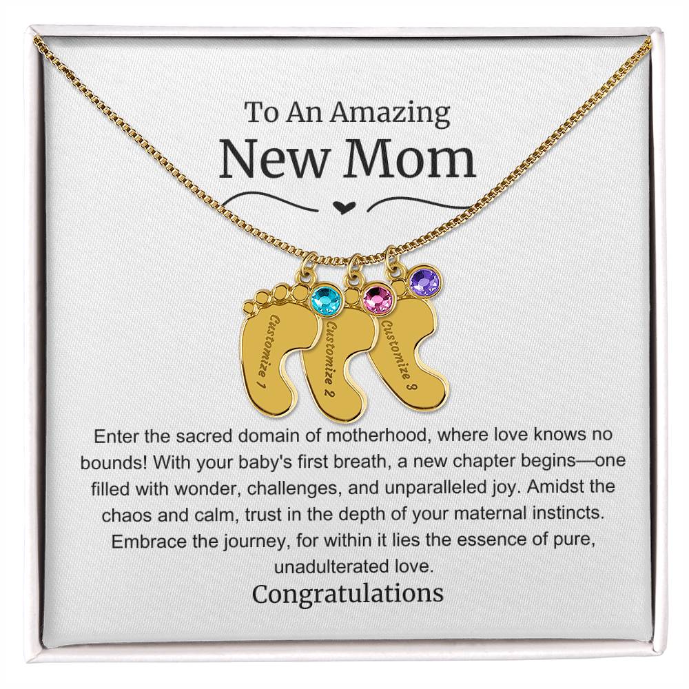 New Mom Baby Feet Birthstone Necklace