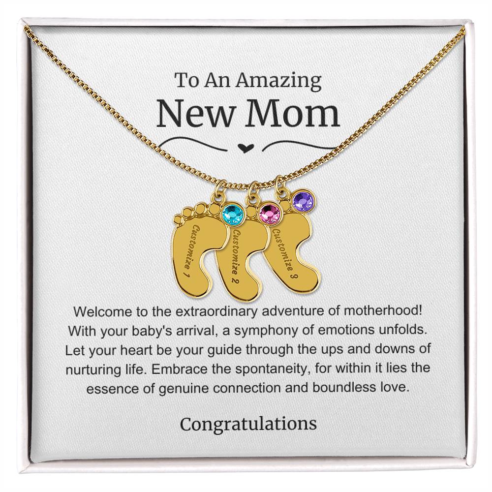 New Mom Baby Feet Birthstone Necklace