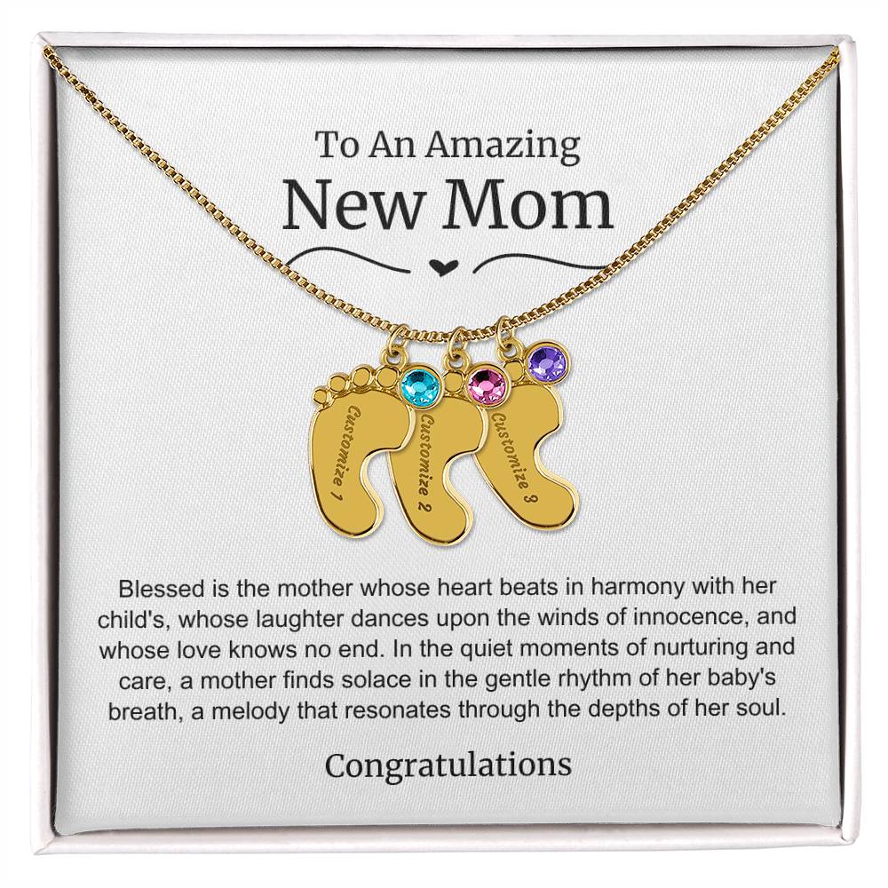 New Mom Baby Feet Birthstone Necklace