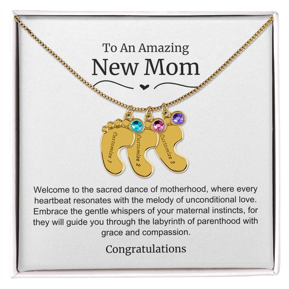 New Mom Baby Feet Birthstone Necklace