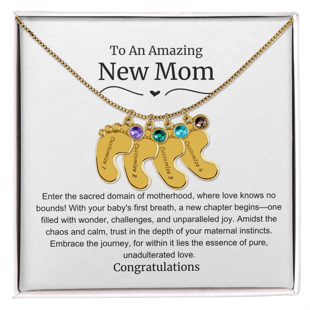 New Mom Baby Feet Birthstone Necklace