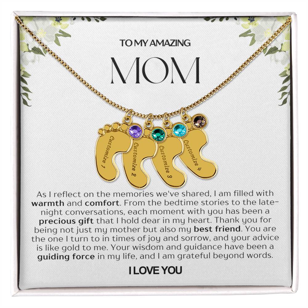 Personalized Engraved Mom Baby Feet Necklace With Birthstone