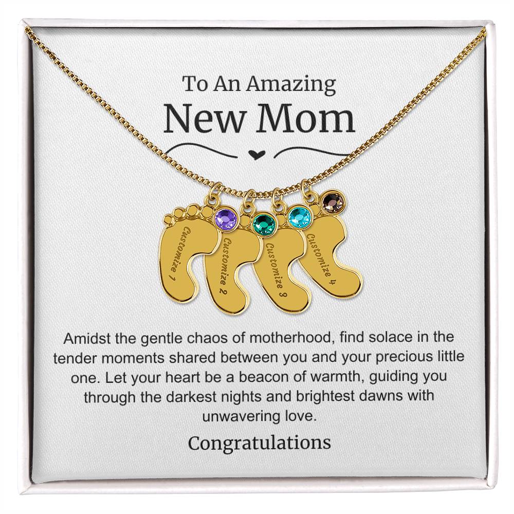 New Mom Baby Feet Birthstone Necklace