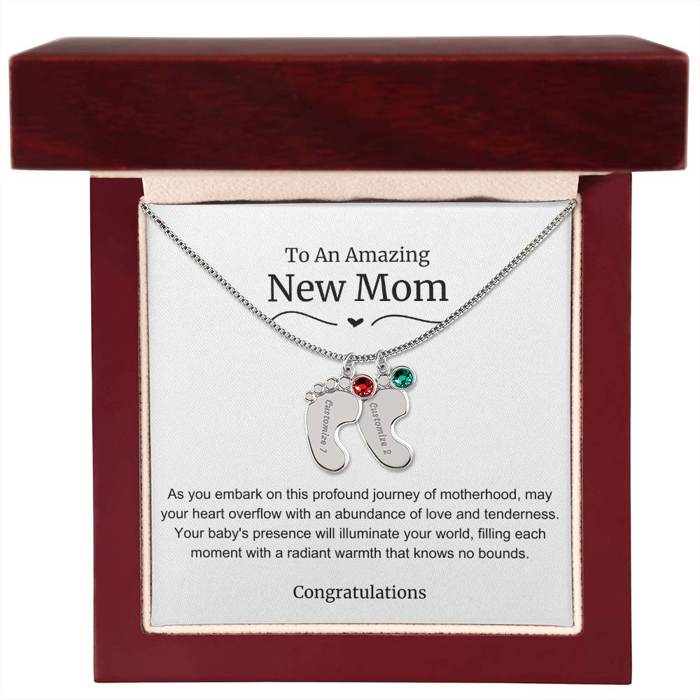 New Mom Baby Feet Birthstone Necklace