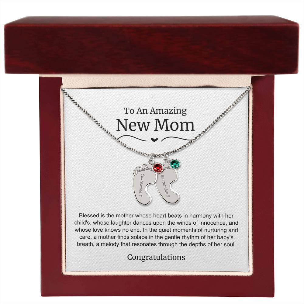 New Mom Baby Feet Birthstone Necklace